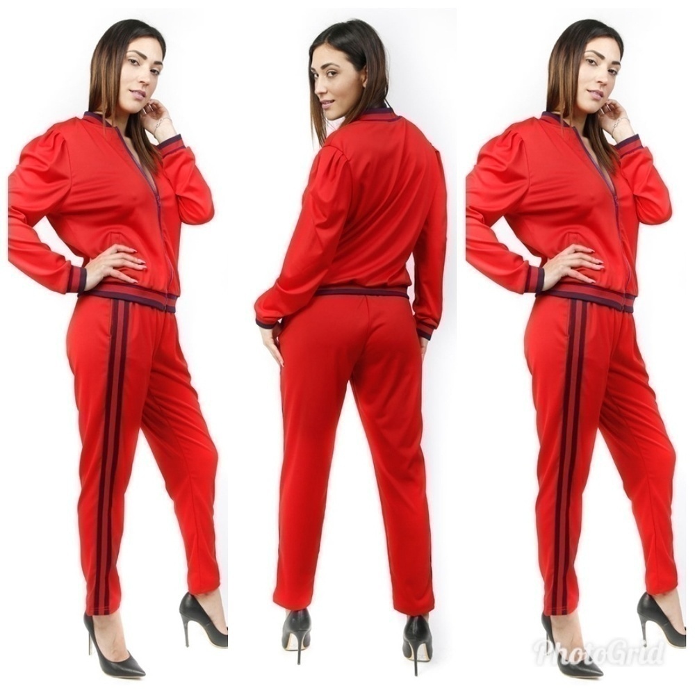 New Unisex Y2K Red Pant Set Long Sleeve Zipper